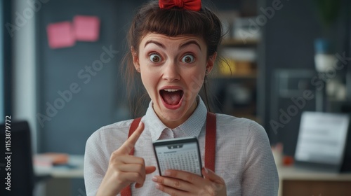 Joyful surprised woman employee opens calendar on mobile phone for planning appointment, points at smartphone display and wears formal outfit. Female office worker happy to check balance on salary da