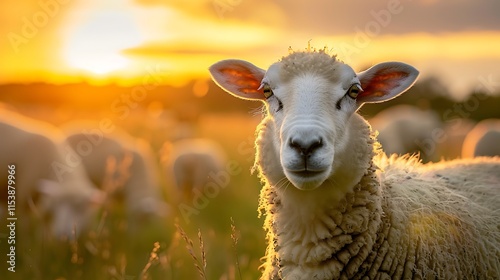 Closeup of Lleyn sheep grassing in the countryside at dusk photo