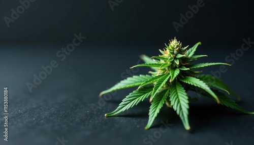 Single piece of cannabis herb on dark background, marijuana, greenery, cannabinoid photo