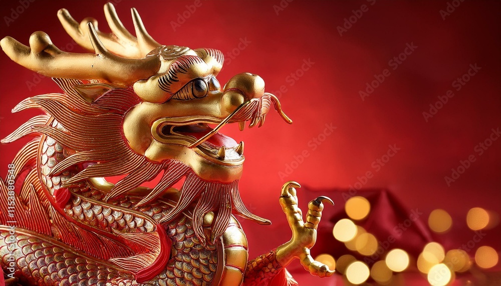 Fototapeta premium Majestic Golden Dragon on Red Background 