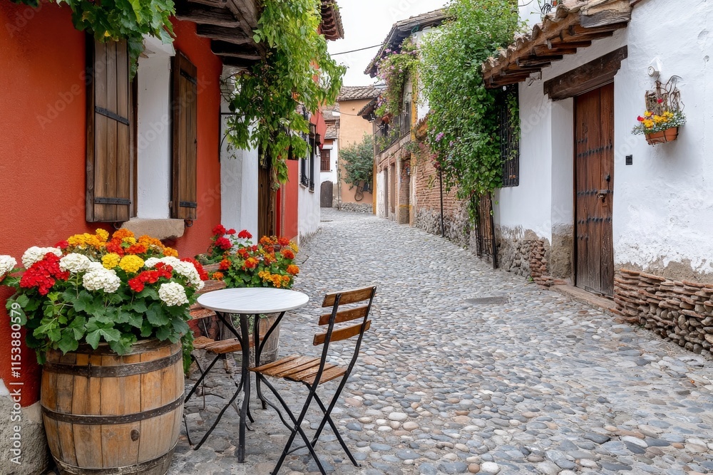 Fototapeta premium Edificios medievales de piedra y madera en un encantador callejón lleno de flores