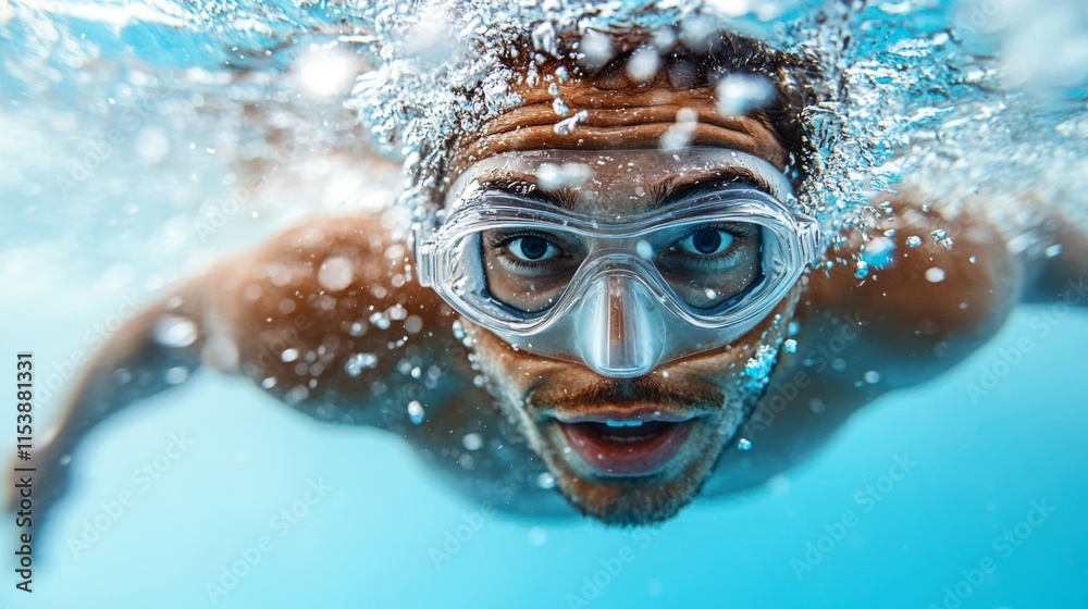 Fototapeta premium Underwater Portrait of a Swimmer with Diving Mask