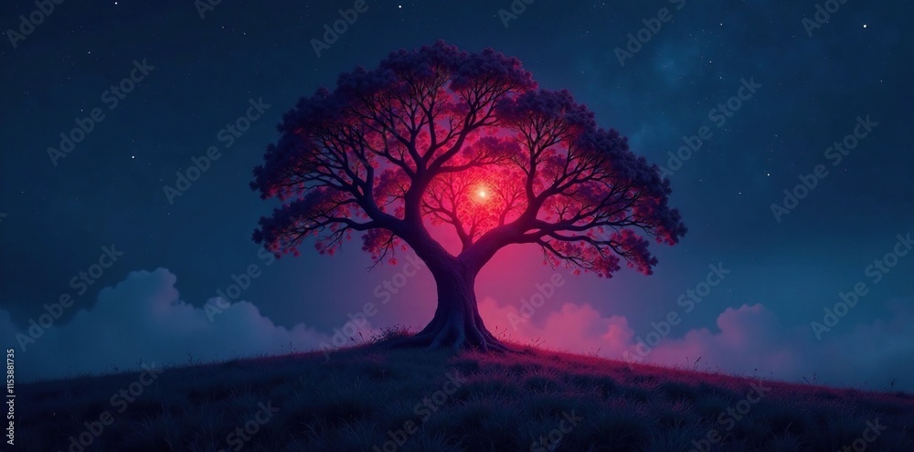 Tree of darkness illuminated by an eerie glow in the void, glowing, night Tree of darkness illuminated by an eerie glow in the void, glowing, night