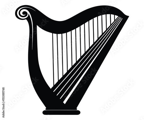 Silhouette Harp, Strings, Music, Vector, EPS