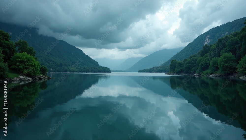 The Bystricka reservoir's surface is mirror-like smooth as rain pours down from the darkened sky, serene atmosphere, gentle rain The Bystricka reservoir's surface is mirror-like smooth as rain pours down from the darkened sky, serene atmosphere, gentle rain