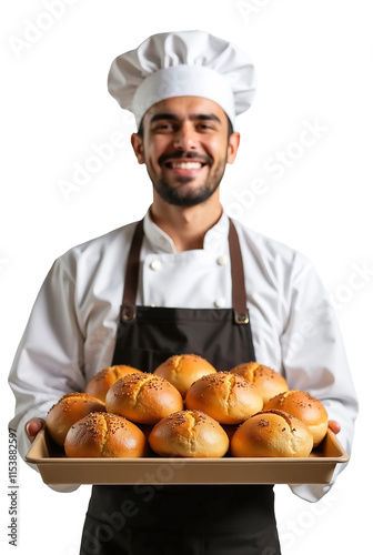 Baker Holding Tray of Freshly Baked Bread on Transparent Background