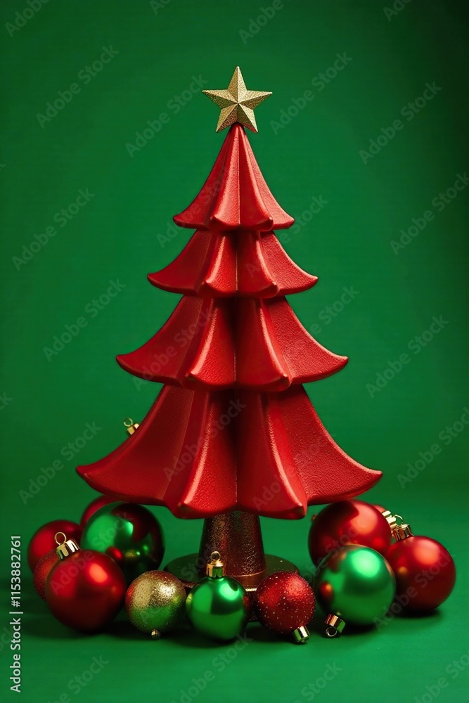 Naklejka premium Red and gold Christmas tree on a green table with surrounding ornaments, tree, holiday, table