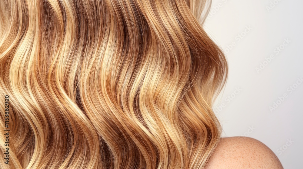 Naklejka premium Gorgeous Long Wavy Blonde Hair with Beautiful Sun-Kissed Highlights Against a Soft Neutral Background, Perfect for Beauty and Haircare Visuals