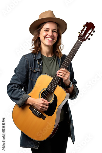 Female Musician Holding Large Acoustic Guitar on Transparent Background photo