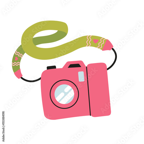 Pink camera. For shared keepsake photos, travel. Fashion accessory. Birthday or valentine's day gift. Capture moments of life and love. Square Background. Vector flat illustration.