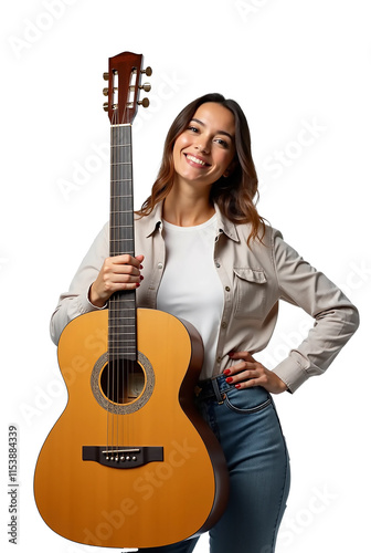 Female Musician Holding Large Acoustic Guitar on Transparent Background photo