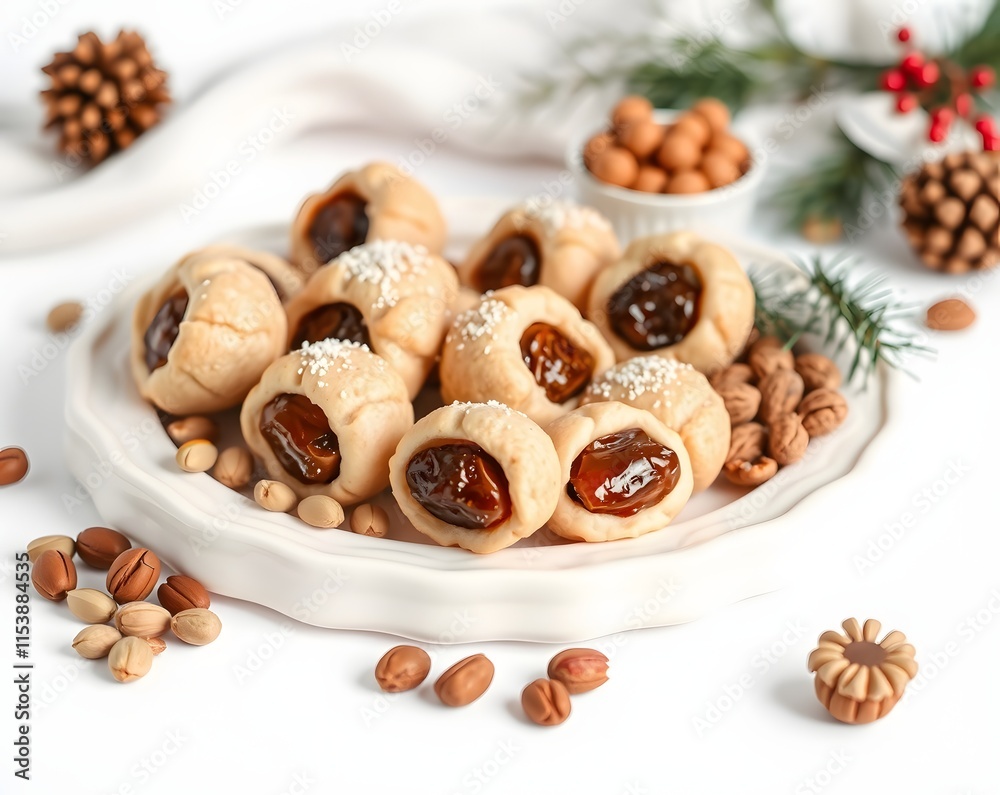 Fototapeta premium A plate of sweet pastries filled with jam, garnished with nuts, perfect for festive occasions.