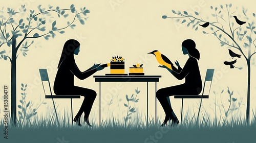 Two women sharing cake outdoors with birds.