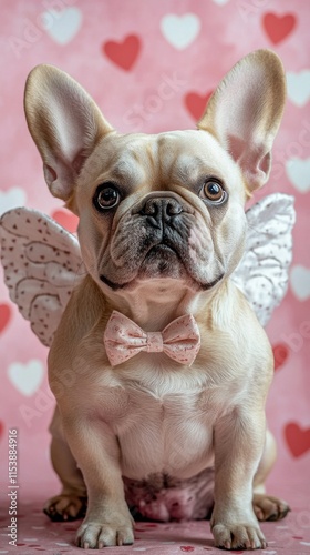 Fun costume fashion for adorable pets. Bulldog with angel wings and bow tie on a romantic background. photo