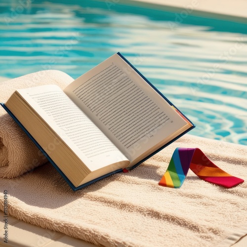 Open book and colorful striped bookmark on swimming pool edge during sunny day