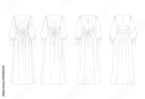 Balloon Sleeve Maxi Dress Technical Fashion Illustration Template - Front and Back Views for Modern Graphic Design 