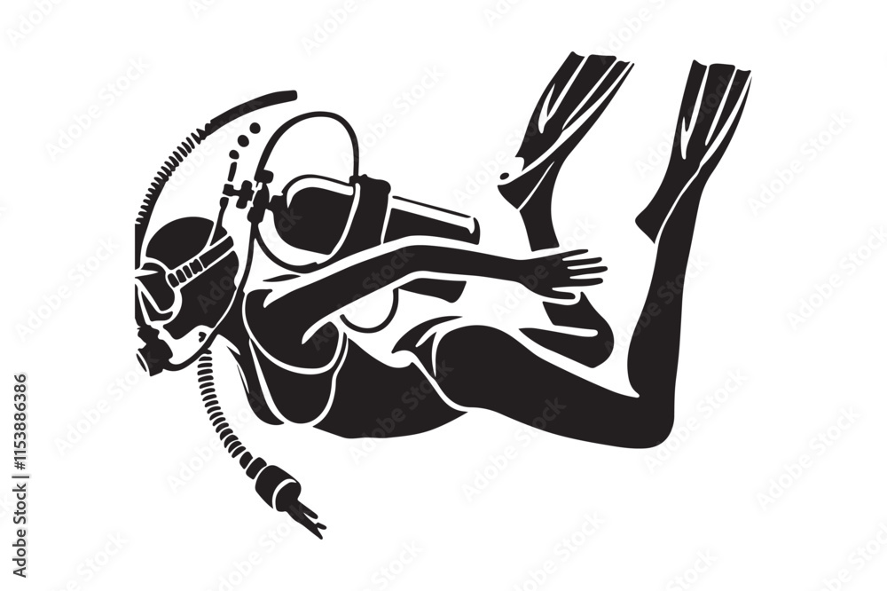 Deep-Sea Diver in Motion Silhouette Vector Artwork Deep-Sea Diver in Motion Silhouette Vector Artwork