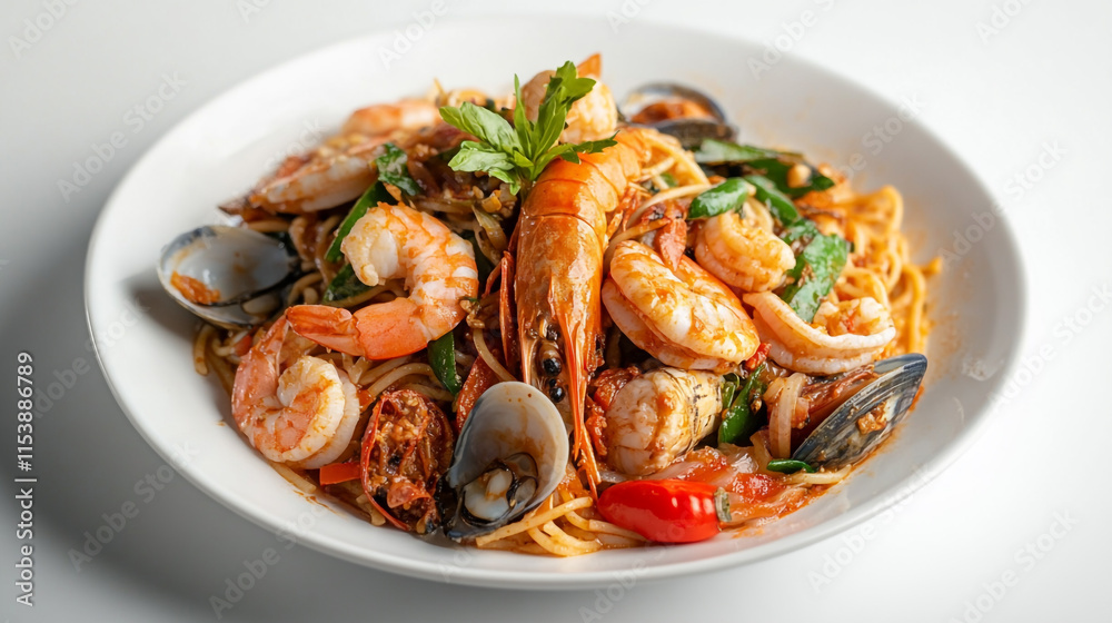 Delicious seafood pasta featuring shrimp, clams, and herbs served in a white bowl Delicious seafood pasta featuring shrimp, clams, and herbs served in a white bowl