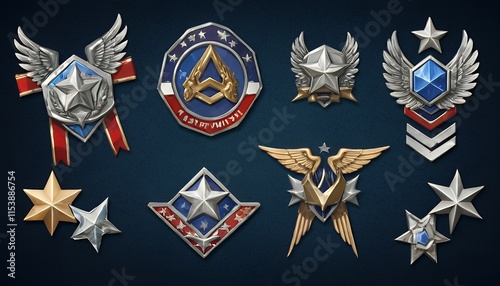 Set of military game rank badges isolated on background. Cartoon illustration of silver metal pentagonal insignia medals with stars, chevrons, wings. Gui progress symbol. Award for achievement