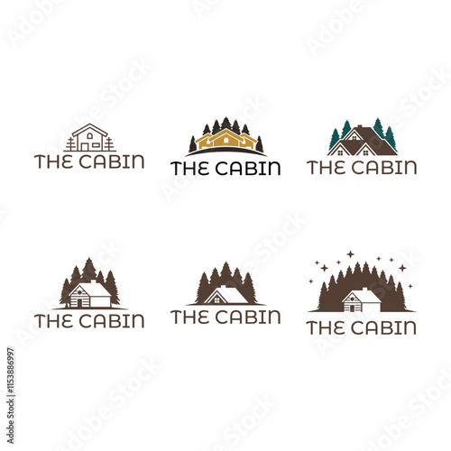 Set of Wooden cabin and pine forest logo design isolated white background