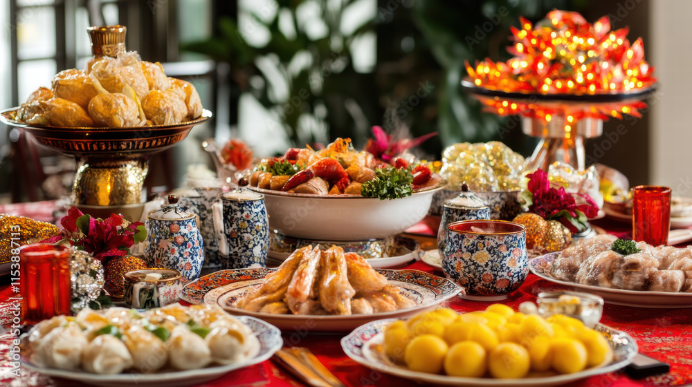 Fototapeta premium beautifully set traditional New Year table inviting family and friends