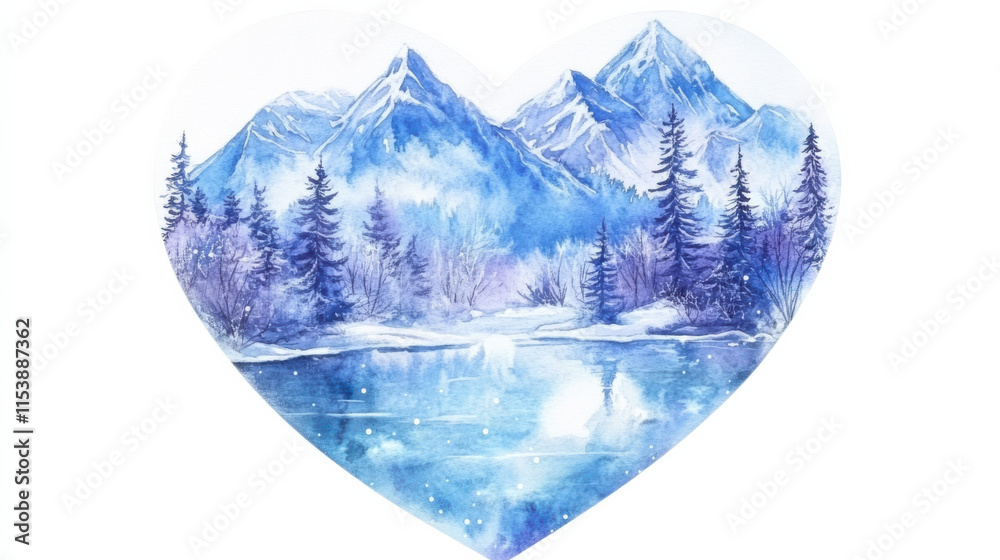 Obraz premium A heart-shaped watercolor illustration of a serene winter scene, icy mountains, and a frozen lake surrounded by snow-covered trees, shades of cool blue, white, and subtle lavender, delicate texture wi