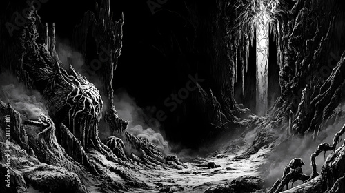Desolate chthonic nightmare realm with eldritch abominations emerging from shadows. Crevasse. Illustration