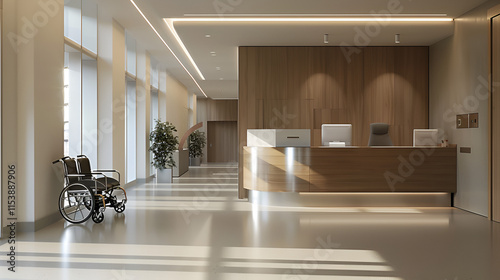 
Modern wooden hospital reception counter with wheelchair space 