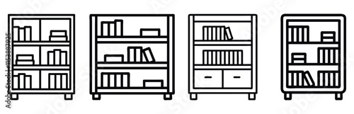 Bookshelf Icons in Minimalist Outline Style, Set of four bookshelf illustrations in outline style, featuring various designs with shelves holding books and storage compartments.
