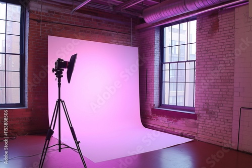 
Photograph of a modern photo studio with a white background wall, softbox lighting equipment, and a camera on a tripod stand near the window. photo