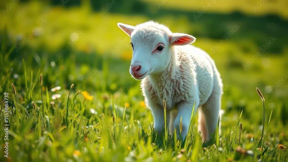 Fluffy Lamb Grazing on Lush Green Grass - Stunning Outdoor Scene Fluffy Lamb Grazing on Lush Green Grass - Stunning Outdoor Scene