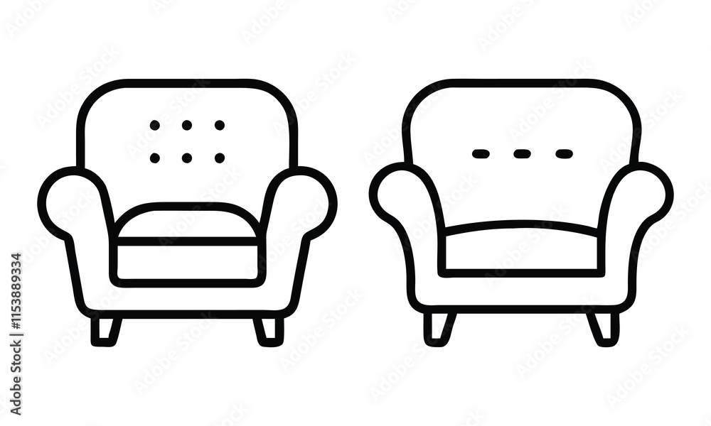Outline Icons of Classic Armchairs, Set of two minimalist armchair illustrations in outline style, featuring classic designs with padded seats and button details.
Outline Icons of Classic Armchairs, Set of two minimalist armchair illustrations in outline style, featuring classic designs with padded seats and button details.