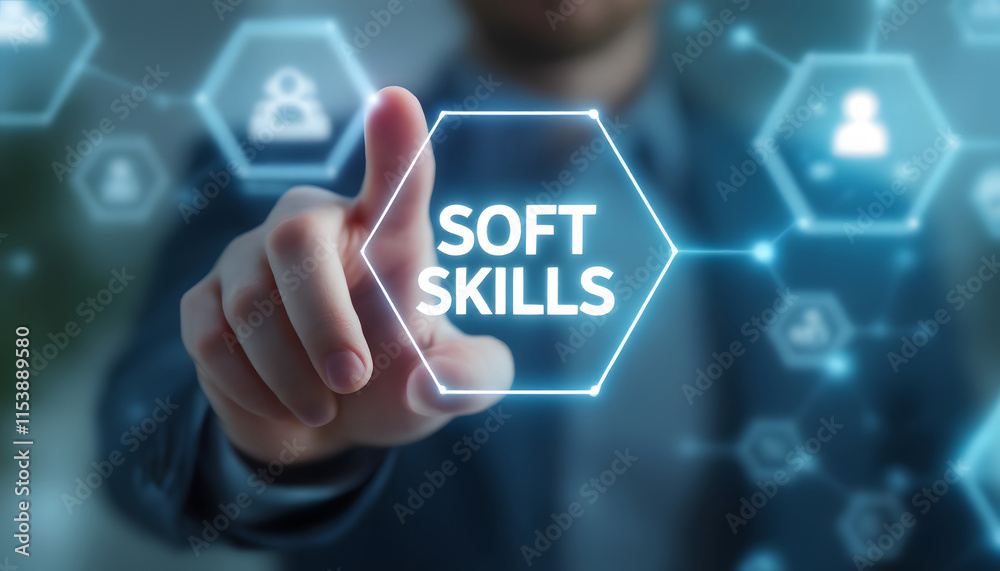 Soft Skills, Hand Reaching for Digital Display, Developing Soft Skills, Essential Business Abilities, Importance of Soft Skills, Digital Network Concept Soft Skills, Hand Reaching for Digital Display, Developing Soft Skills, Essential Business Abilities, Importance of Soft Skills, Digital Network Concept