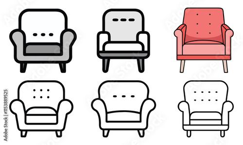 Set of Armchair Icons in Various Styles, Collection of six armchair illustrations in outline, grayscale, and colored styles, showcasing modern and cozy furniture designs.
