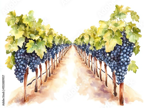 Lush vineyard watercolor illustration showcasing ripe grapes and green leaves.