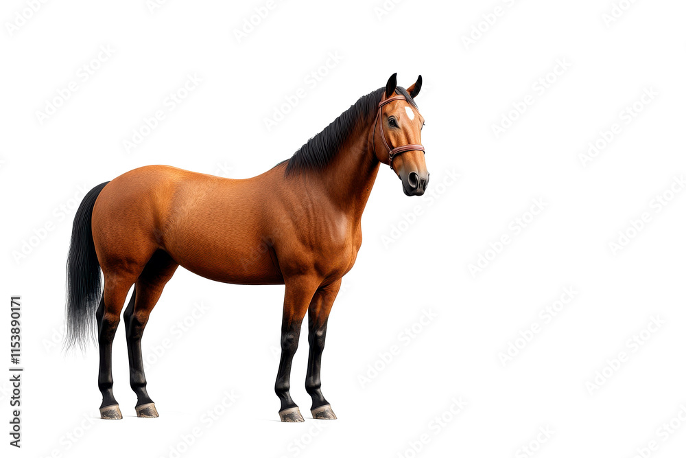 Obraz premium A majestic brown horse stands gracefully against a white background, showcasing its strong build and elegant posture.