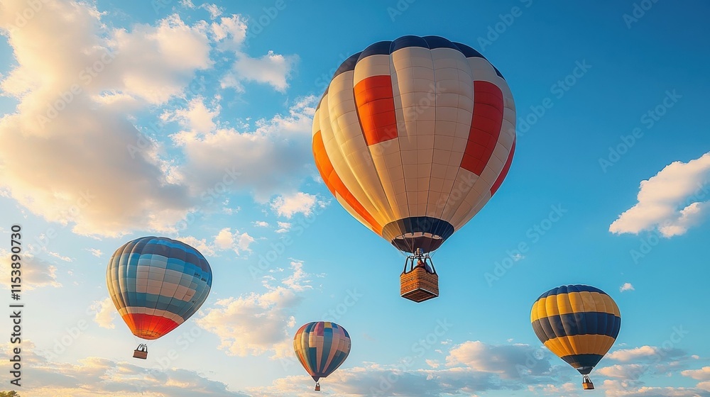 Colorful hot air balloons Bright balloons soaring above landscape Colorful hot air balloons Bright balloons soaring above landscape