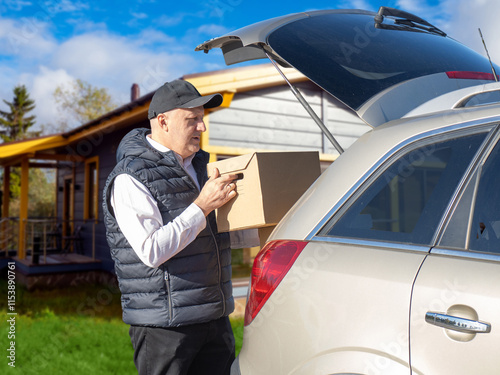 Man puts box in trunk of car. Guy with cardboard parcel near hatchback. Man with box for storing papers. Person with parcel near country house. Male transfers personal belongings when moving photo