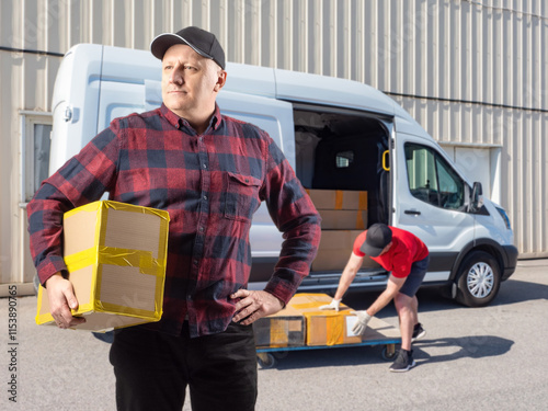 Man with box near minivan. ...