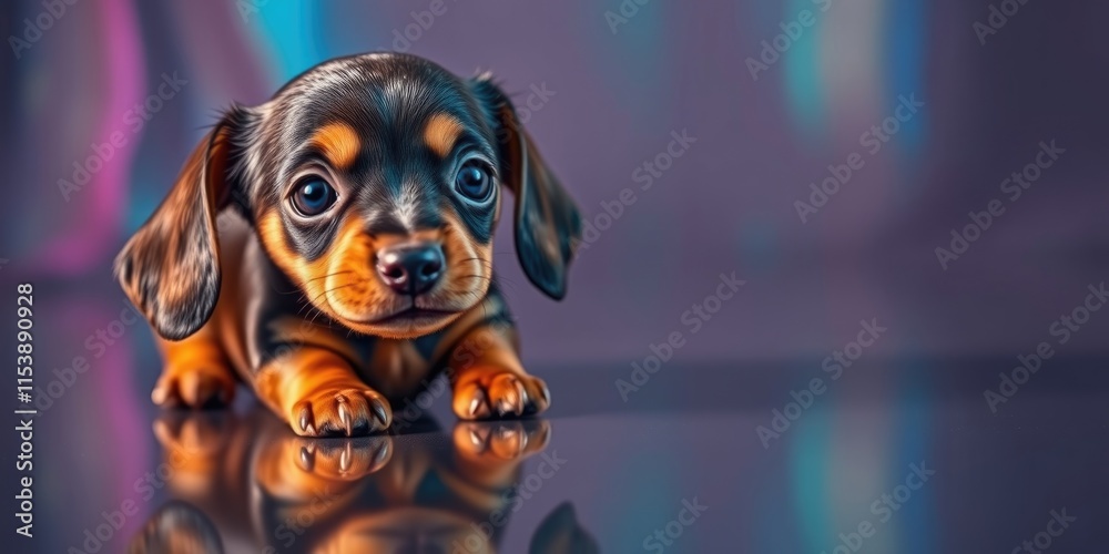 Fototapeta premium A playful tiny dachshund puppy is loosening up and exploring its surroundings in a warm and colorful indoor space, displaying curiosity and charm