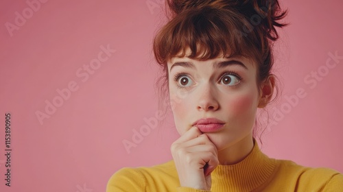 Doubtful student studies art, spends time on making sketches, holds chin and purses lips with hesitation, ponders on what to do, looks with indecisive expression aside on copy space, isolated on pink photo