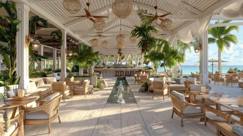 A stylish beachfront restaurant with tropical decor and a serene ocean view.