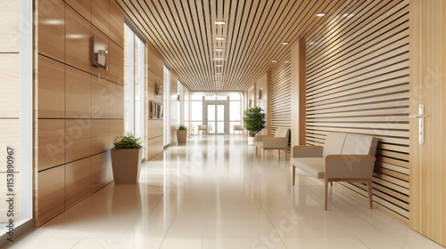 
Scandinavian-Style Hospital Lobby: Light Wooden Walls, Minimalist Furniture, and Warm Tones