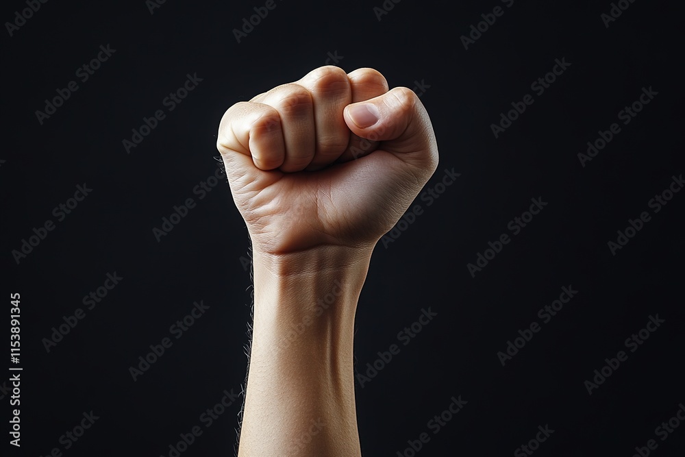 Raised fist symbolizes strength and unity against oppression, se