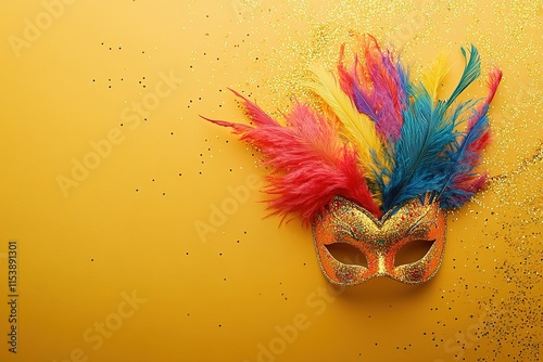 Colorful feathered mask resting on bright yellow background, exu photo