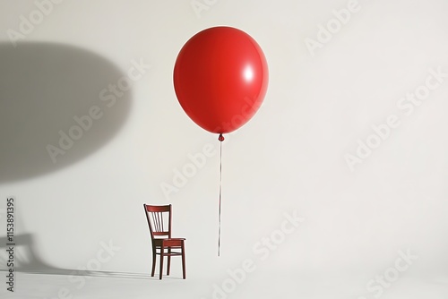 Bright red balloon floats above an empty chair, creating whimsic photo