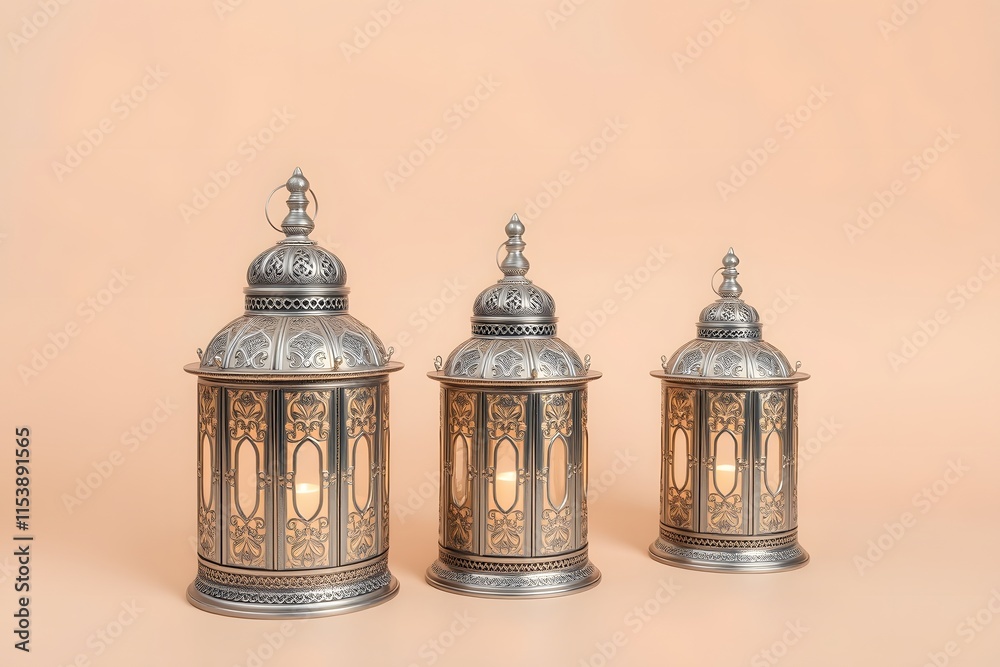 Three ornate metal lanterns with intricate designs, illuminated softly against a peach background. Three ornate metal lanterns with intricate designs, illuminated softly against a peach background.