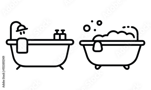 Minimalist Bathtub Line Art with Towels and Bubbles, Set of two black-and-white bathtub illustrations in line art style, featuring towels, bubbles, and faucets, ideal for bathroom or hygiene-themed de