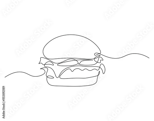 Continuous one line drawing of burger. One line drawing illustration of hamburger. Junk food, fast food concept single line. Editable outline