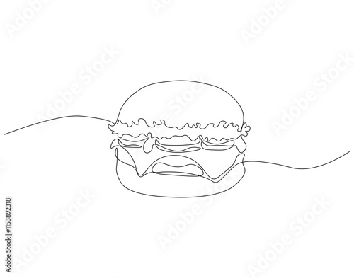 Continuous one line drawing of burger. One line drawing illustration of hamburger. Junk food, fast food concept single line. Editable outline